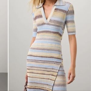 Simkhai Solana French Blue Ribbed Collared Knit Body Cone Preppy Knee Dress XL